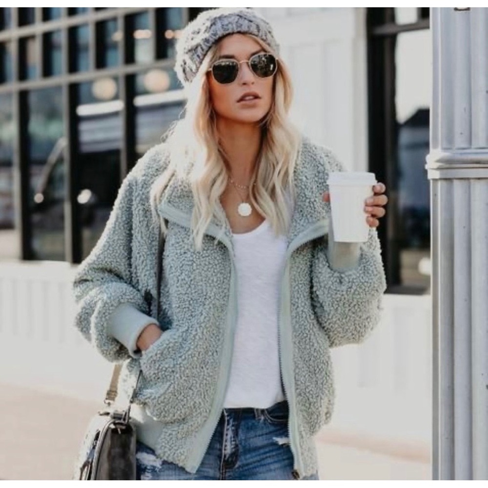 Sage Green Sherpa Teddy Bomber Jacket Small Granolagirl Fall Style